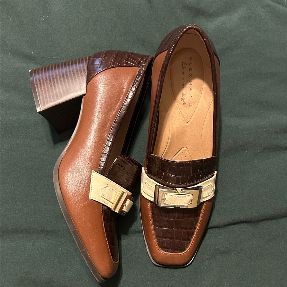 Alex Marie Brown Croc-Accent Block Heel Loafers with Cream Buckle